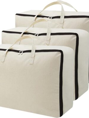 Set of 3, Canvas Storage Bag with 3-Side Zip Open & Handles, 8OZ Thick Soft Breathable Closet Organizer for Beddings, House Move or Winter Garment Storage in Wardrobe, Beige