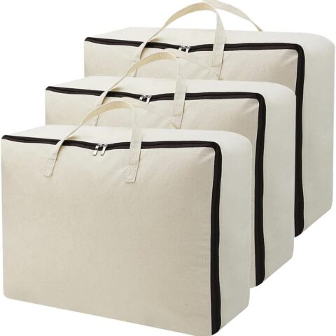 Set of 3, Canvas Storage Bag with 3-Side Zip Open & Handles, 8OZ Thick Soft Breathable Closet Organizer for Beddings, House Move or Winter Garment Storage in Wardrobe, Beige