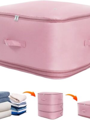 Space saver bag,for quilts, duvets or other fluffy clothing.Measures 21"L x 16.5"W x 21.2"H when unfolded and 21"L x 16.5"W x 10"H when compressed.Pink
