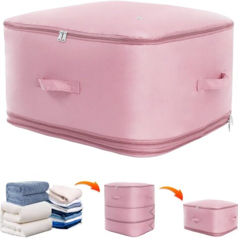 Space saver bag,for quilts, duvets or other fluffy clothing.Measures 21"L x 16.5"W x 21.2"H when unfolded and 21"L x 16.5"W x 10"H when compressed.Pink