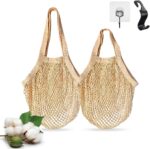 Premium Eco-Friendly, Organic Washable & Reusable Net Produce Bags, Cotton Mesh Grocery Bags, Net Zero Bag for Vegetables, Farmers Market Cotton Mesh Bag for Veggies and Fruits, Short and Long handle
