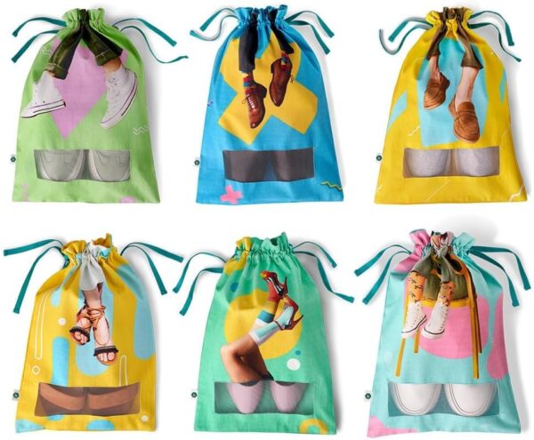 100% Organic Printed Cotton Women's Shoe Bags for Travel and Storage | for Dustproof Packing | Portable Footwear Organizer Bag | Drawstring Shoe Cover- Pack of 6