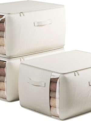 Large Canvas Clothes Storage Bags with Thick Handles and Clear Window, Foldable Cotton Linen Closet Organizer for Clothing, Blankets and Bedding, 70L, 3 Pack, Beige