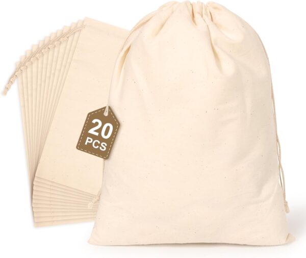 20PCS Cotton Produce Bags, 8X10inch Reusable Muslin Storage Bags with Drawstrings, Natural Cotton Bags, Washable, Biodegradable Linen Bag, Cloth Bags