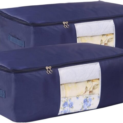 Blanket Storage Bags Pillow Bedspread Bedding Clothes Organizer Storage Containers With Zippers Breathable and Moistureproof. (Navy blue 2pcs, L)