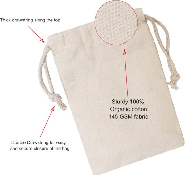 Cotton Muslin Bags, 100% Organic Cotton with Double Drawstring. Premium Quality Reusable Eco-Friendly Natural Muslin Bags. (10, 3x5 Inches)