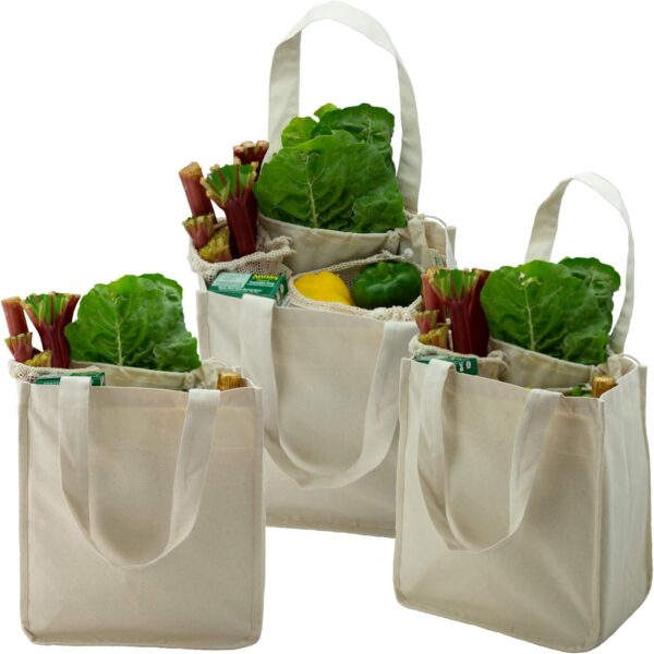 Organic Cotton Deluxe Reusable Grocery Shopping Bag; Bottle Sleeves, Rigid Bottom Support (UPDATED DESIGN)