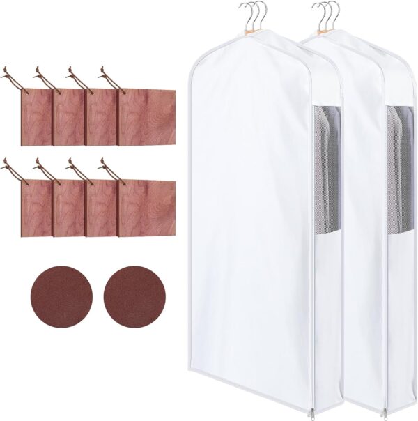 2 Set 40'' Cotton Garment Bag for Hanging Clothes and Storage with Cedar Blocks for Fresh Smell and Moth Protection Sandpaper for Suits Fur Coats Leather Jackets Sweaters