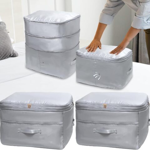 2025 Ultra Space Saving Self Compression Organizers, 2 Pack Double Zipper Compression Packing Cubes for Bedding, Comforter Storage Bag for Blankets Duvet Quilts Pillows Queen King (Gray, X-Large)
