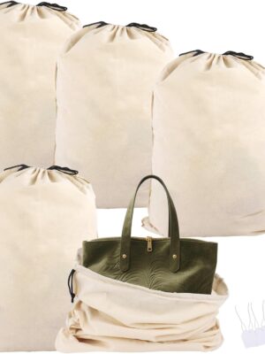 5 Pack Organic Cotton Breathable Dust Storage Bags for Handbags, Large Purse Storage Pouch with Blank Hang Tags, Expensive Handbags & Shoes Organizer For Closet, Travel(Beige)