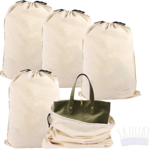 5 Pack Organic Cotton Breathable Dust Storage Bags for Handbags, Large Purse Storage Pouch with Blank Hang Tags, Expensive Handbags & Shoes Organizer For Closet, Travel(Beige)