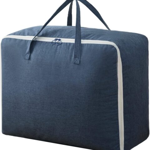Clothes Storage Bag Organizer with Durable Handles Thick Fabric Large Capacity for Blanket Comforter Clothing Bedding (Navy, XL)