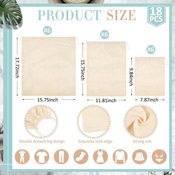 18 Pack Mesh Laundry Bags with Drawstring 3 Size Organic Cotton Mesh Wash Bags for Delicates, Lingerie Garments,bra,underwear, Pants, Shoes, Socks, College, Dorm, Family, Travel Storage