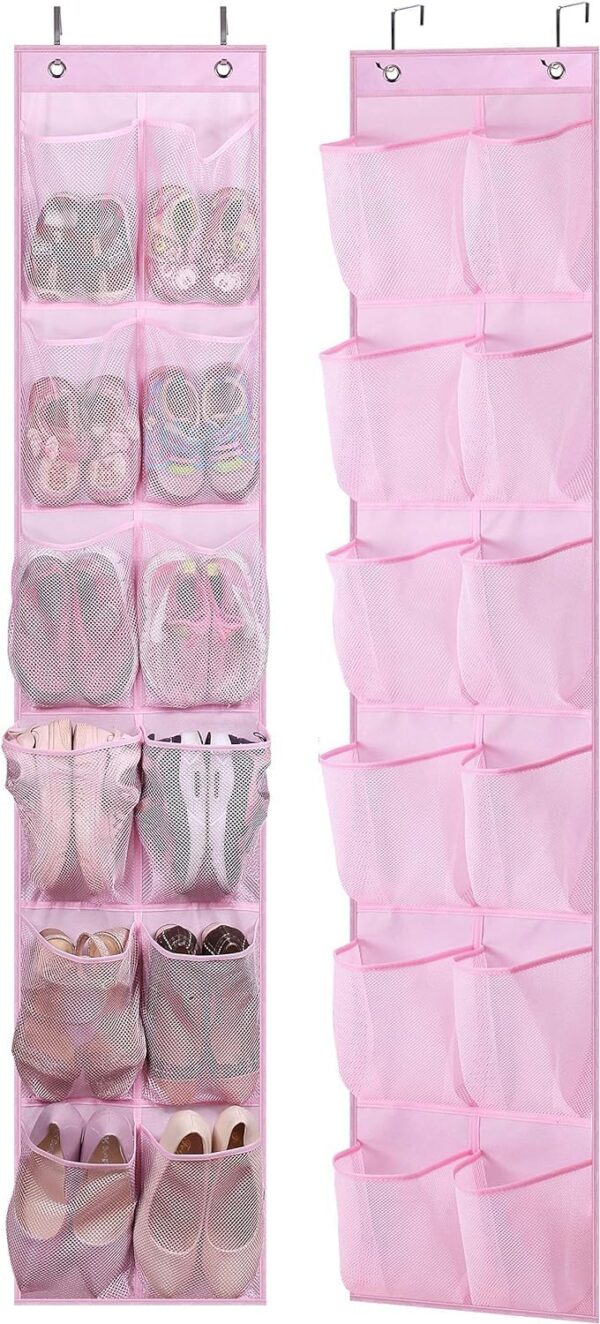 Kids Over the Door Shoe Organizer Baby Hanging Shoe Rack Narrow Closet Storage bags with 12 Mesh Pockets for Girl Women Men Toddler Nursery, 2 Packs, Pink