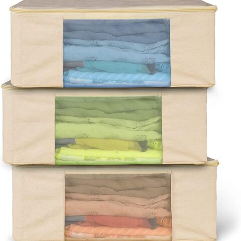 Cotton Canvas Clothes Storage Bags, Saree Covers with Zip for Storage Specially Design for Woman Dresses, Sarees, s for Wardrobe Organizer (17 x 14 x 7 Inch, off white, Pack 0f 3)
