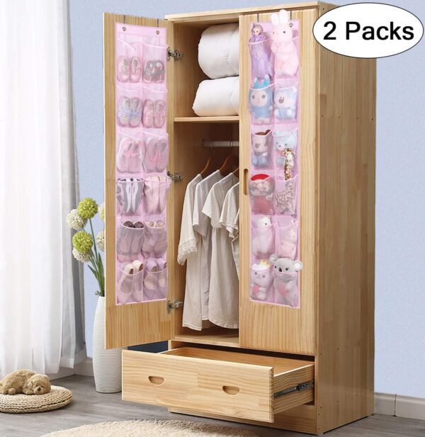 Kids Over the Door Shoe Organizer Baby Hanging Shoe Rack Narrow Closet Storage bags with 12 Mesh Pockets for Girl Women Men Toddler Nursery, 2 Packs, Pink