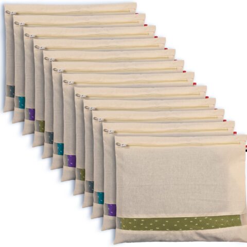 Cotton Saree Bags, Covers for Storage Set with Zip Closure for Clothes Bags and Wardrobe Organizer with Transparent mesh window (16 x 14 Inches) (Pack 0f 12)