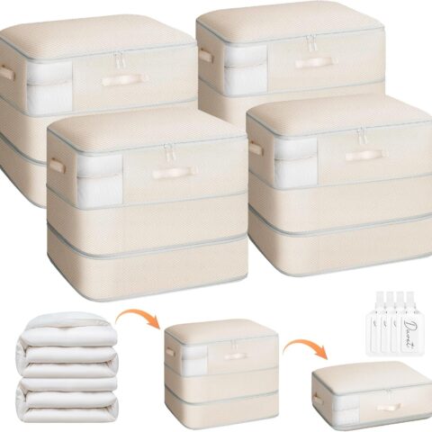 4 Pack Compression Storage Bags - 110L Large Capacity Comforter Storage Bag, 3-Layer Washable Ultra Space Saving Self Compression Organizer Space Bags for Blankets, Sweaters, Sheets, Beige