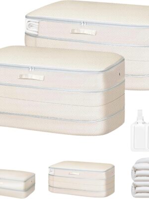 Comforter Storage Bag - Large Capacity Bedding Storage Bags Ultra Space Saving Self Compression Organizer, Washable Compression Bags for Storage Comforter Blanket Duvet Pillow, 2-Pack, Beige