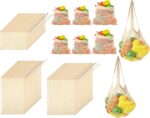 32 Pcs Reusable Produce Bags Grocery Kit Organic Cotton Mesh Produce Bags Washable Vegetable Grocery Bags Long Handle Cotton String Bags for Veggies Fruits Shopping Storage