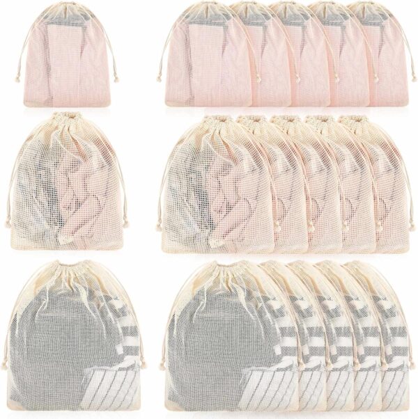18 Pack Mesh Laundry Bags with Drawstring 3 Size Organic Cotton Mesh Wash Bags for Delicates, Lingerie Garments,bra,underwear, Pants, Shoes, Socks, College, Dorm, Family, Travel Storage