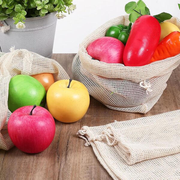 7-Pack Reusable Organic Cotton Mesh Produce Bags [3 Sizes] - Eco-Friendly Washable Grocery Bags with Drawstring Closure for Fruits, Vegetables & Bulk Foods